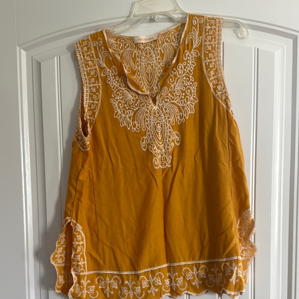 Solitaire Mustard Yellow V-Neck Embellished Sleeveless Top